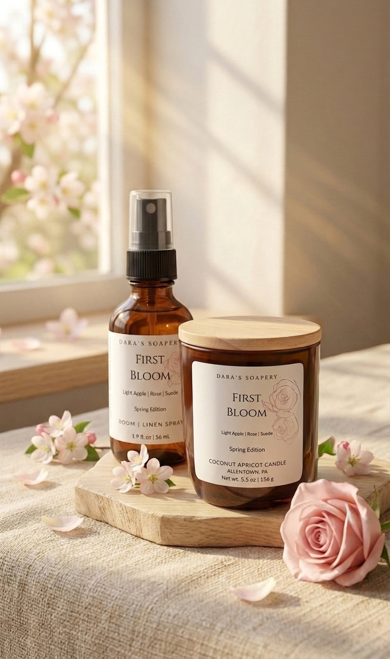 Two 'First Bloom' products form Daras Soapery on a wooden board with flowers and a window in the background