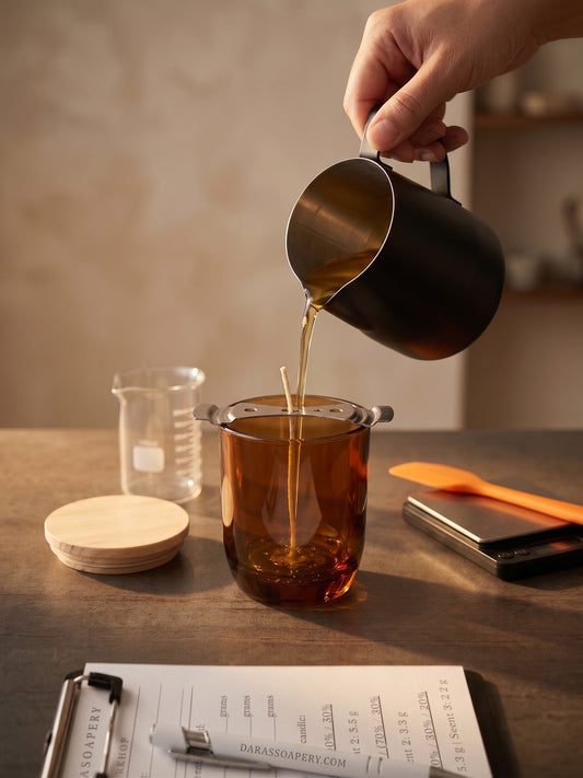 a person pouring wax into an amber glass vessel at a candle making class