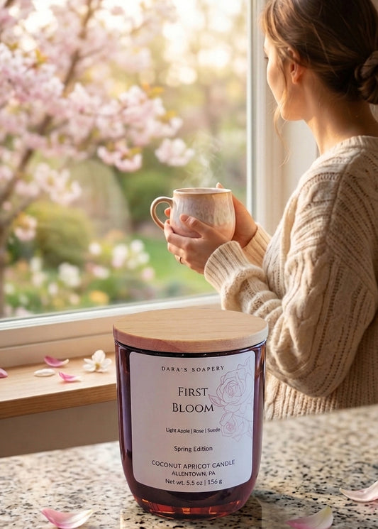 Two 'First Bloom' products form Daras Soapery on a wooden board with flowers and a window in the background