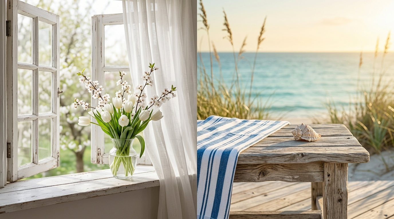 A split scenic composition: on the left, white tulips in a glass vase sit on a windowsill beside open white-framed windows and sheer curtains; on the right, a rustic wooden beach table with a blue-and-white striped cloth and a small seashell sits in front of a calm ocean shoreline at sunset.