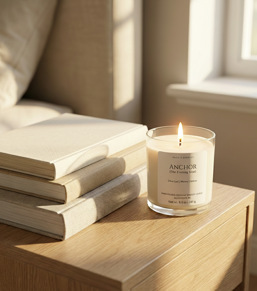 Candle labeled 'Anchor' on a wooden surface with books