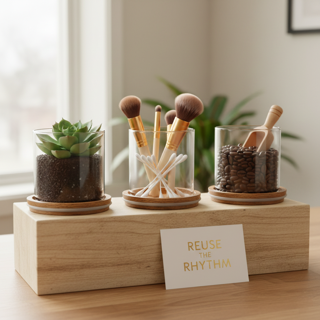 Desk organizer with a plant, makeup brushes, and coffee beans on a wooden block with 'REUSE THE RHYTHM' card. Showing how to reuse candle vessels when done.
