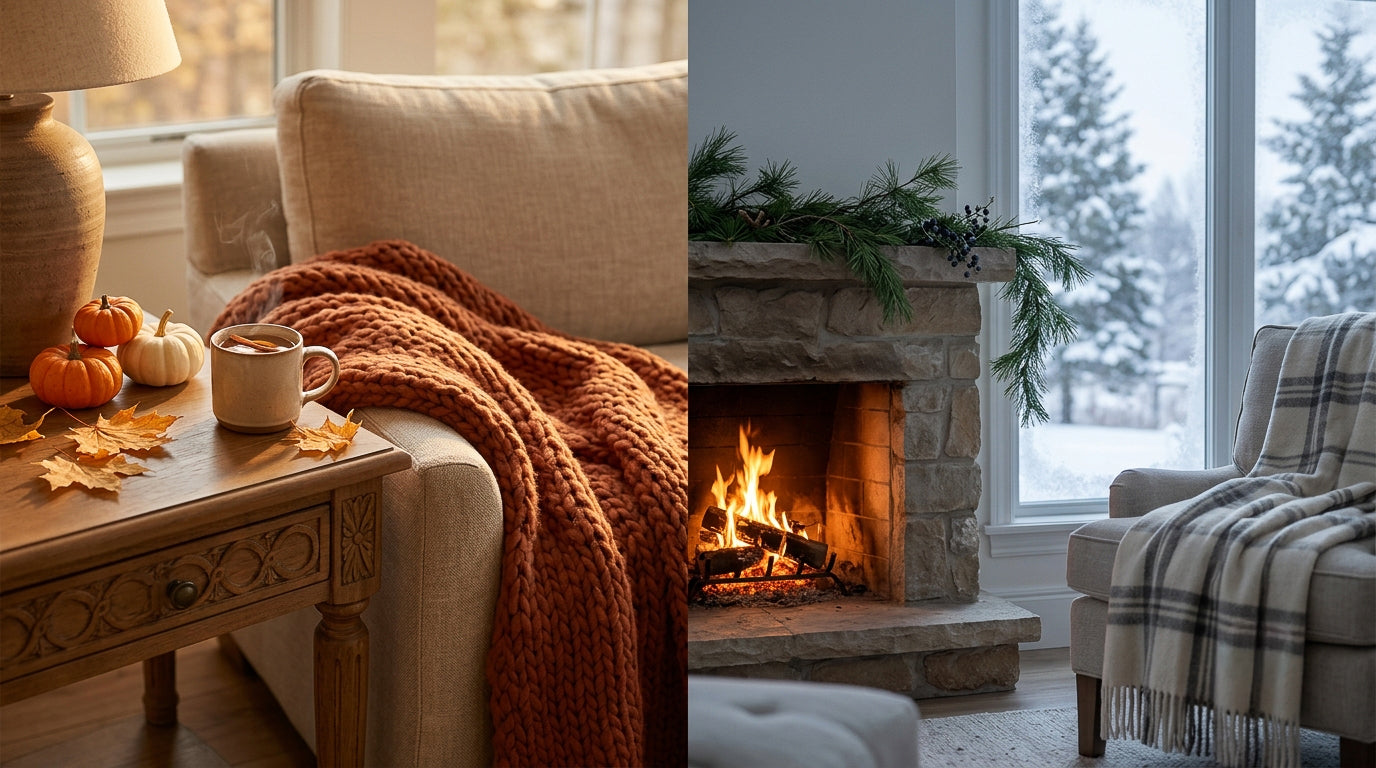 A cozy split scene showing a warm autumn living room on the left with a beige armchair, orange chunky knit throw blanket, wooden side table with pumpkins and a mug, and a stone fireplace with a glowing fire on the right, both styled for comfort.