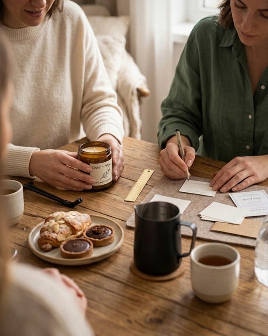 Two women sitting at a table with coffee, pastries, and a candle.