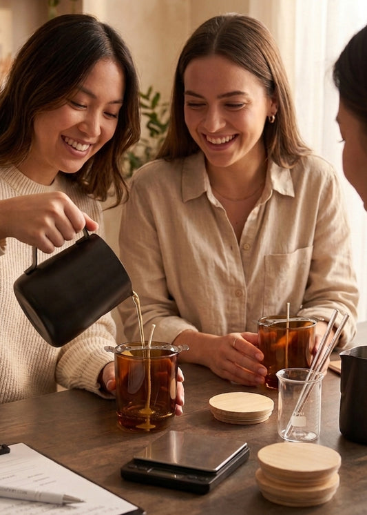 a group of women gathered together pouring wax into an amber glass vessel at a candle making workshop. 