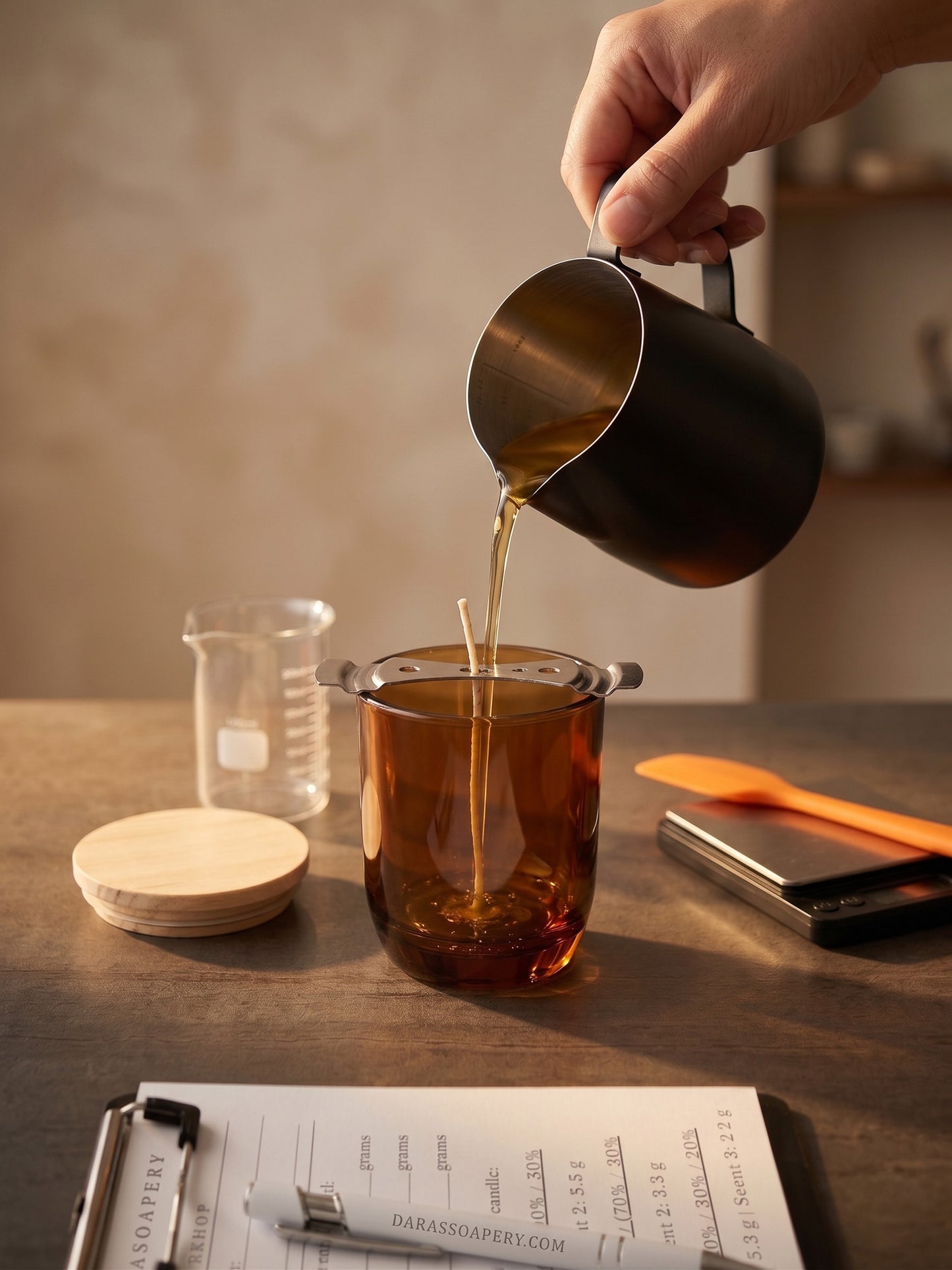 a person pouring wax into an amber glass vessel at a candle making class 