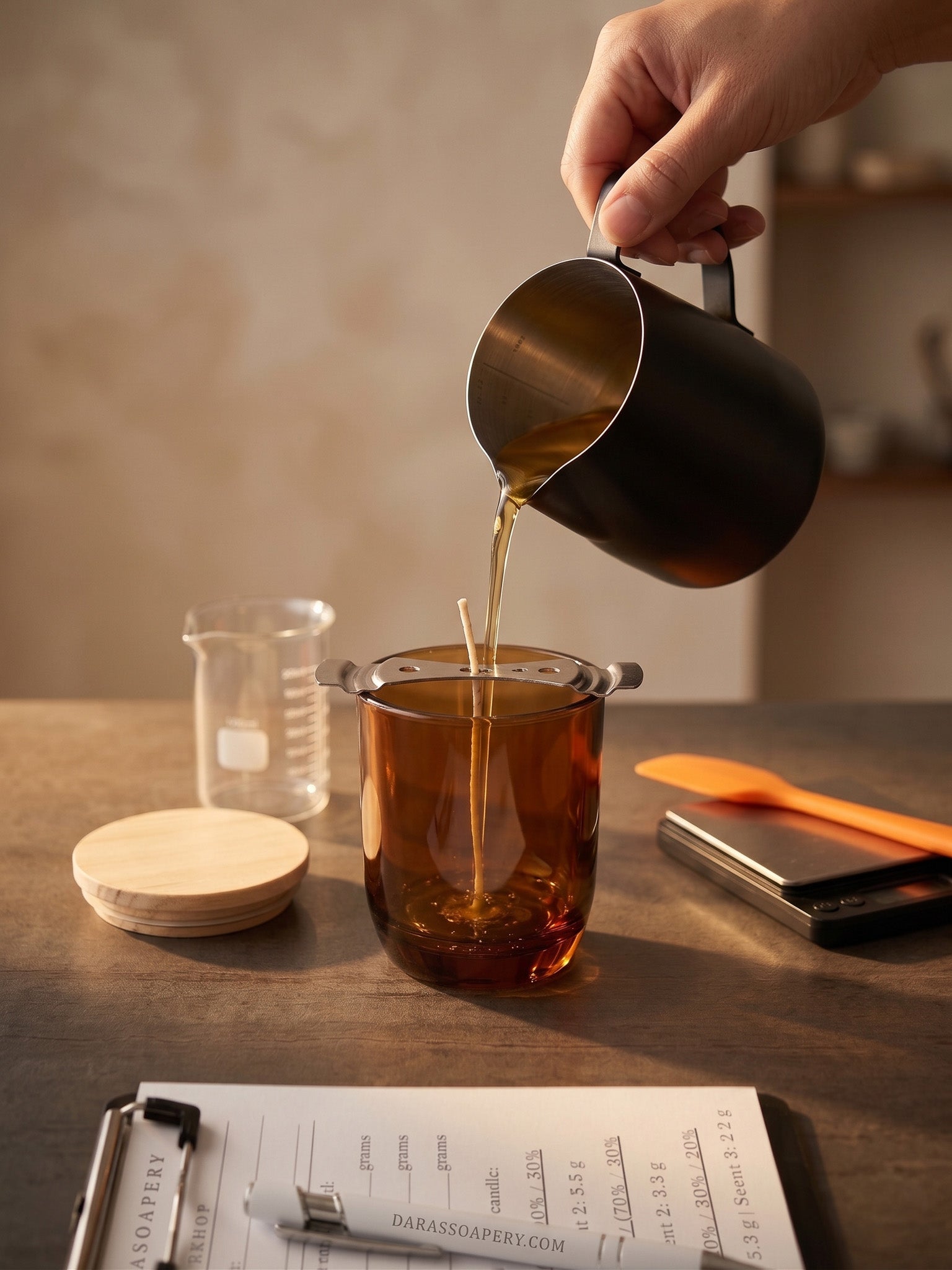a person pouring wax into an amber glass vessel at a candle making class 